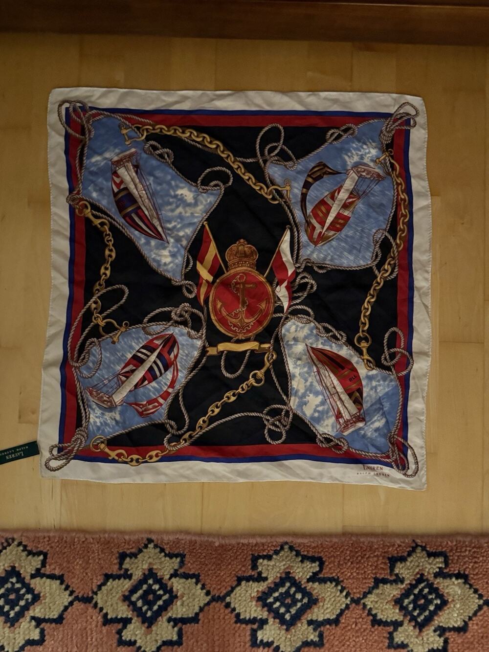 VTG Ralph Lauren Anchor Sailboat Nautical Silk Scarf 21” Square